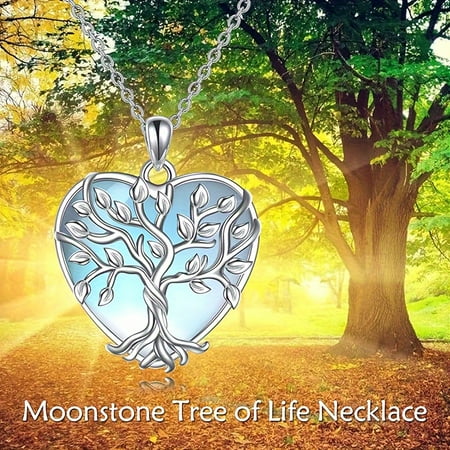 925 Sterling Silver Tree of Life Pendant Necklace with Heart-Shaped Moonstone, Elegant & Minimalist Style, Hypoallergenic Jewelry Gift for Women, 4.5g, All-Season Wear