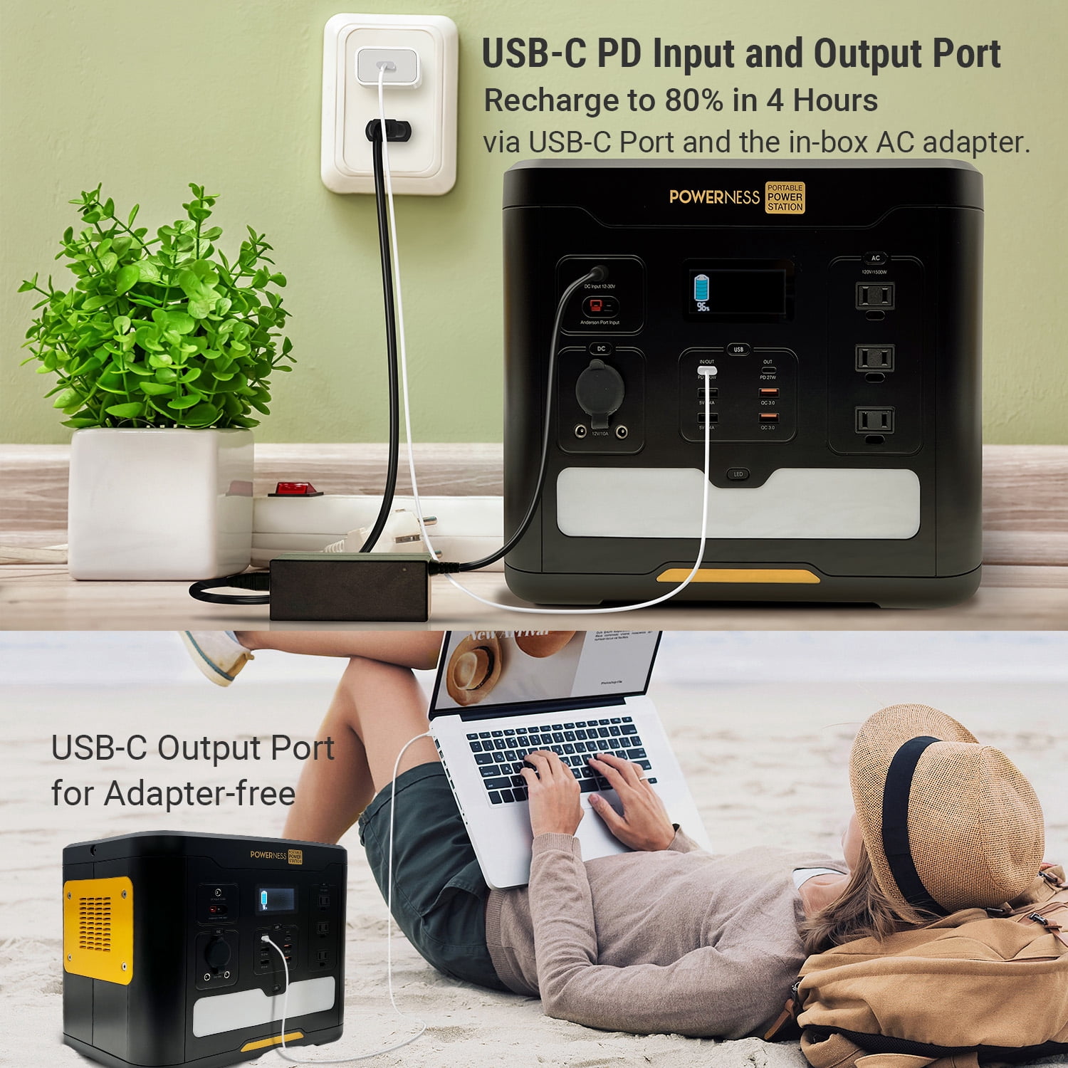Powerness Portable Power Station Hiker U1500, 1536Wh Solar Generator LiFePO4 Battery Powered Generator with 3x1500W AC Outlets (Surge Power 3000W) and PD 100W In/output for Outdoor Camping, Emergency