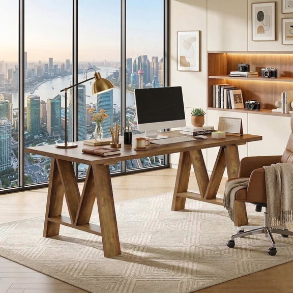 Fnova 63" Computer Desk, Farmhouse Wooden Executive Office Desk, Large Modern Writing Table for Home Office, Conference Room, Brown
