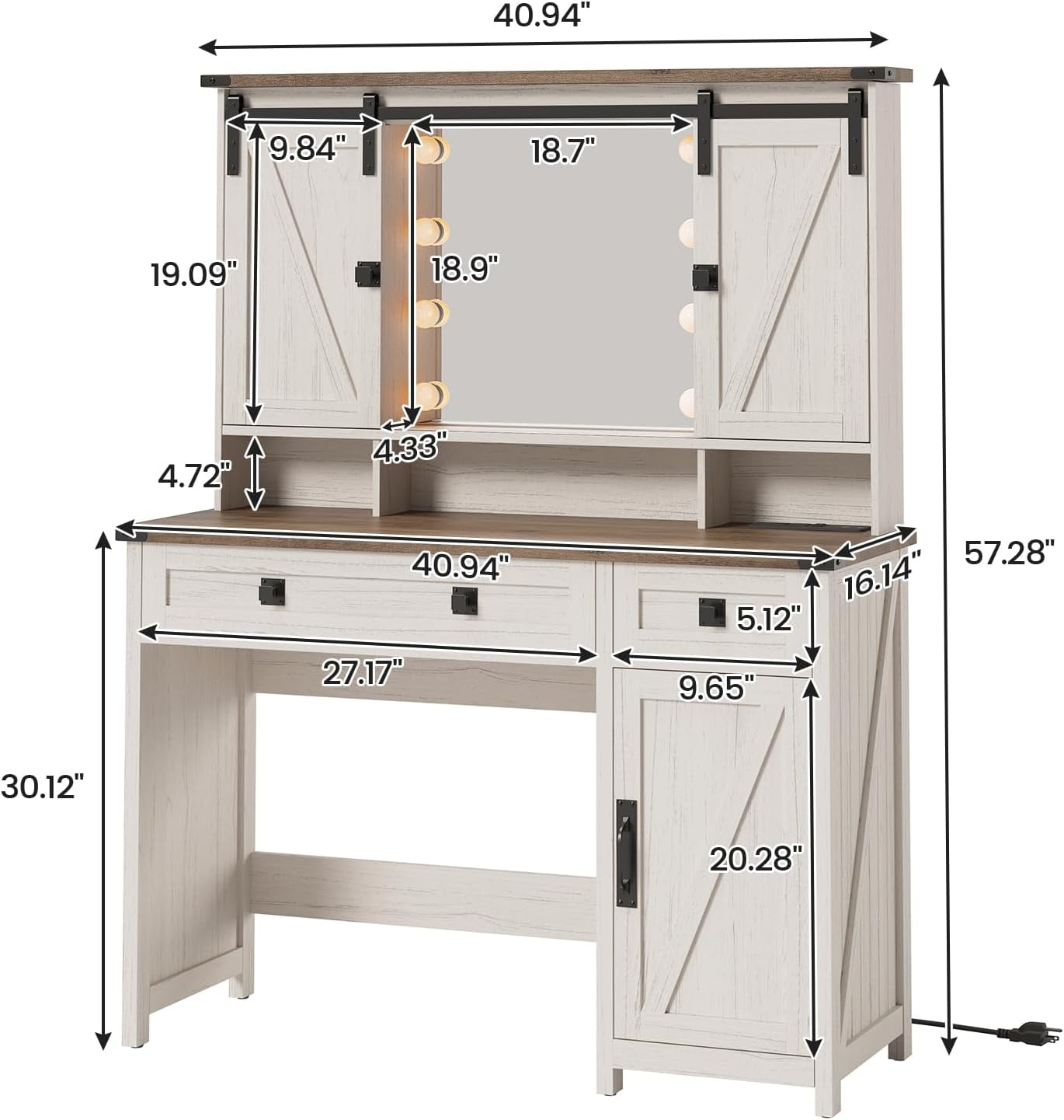 Aogllati Farmhouse White Vanity Table with Lights, Mirror, and Storage