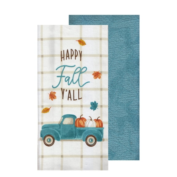 Kitchen Towels - Happy Fall Y'all Blue Truck Pumpkins 2 Piece Set Liberty