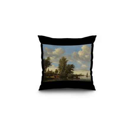 River Landscape with Ferry - Masterpiece Classic - Artist: Salomon van Ruysdael c. 1649 (16x16 Spun Polyester Pillow, Black Border)