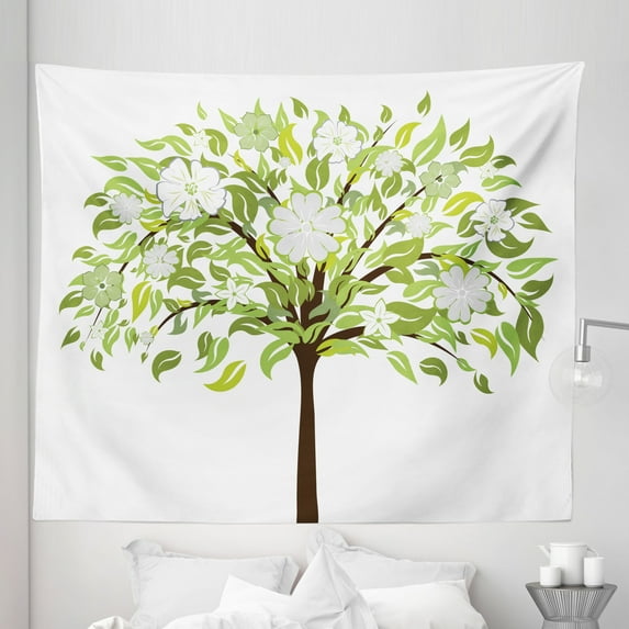 Nature Tapestry, Summer Tree with Flourishing Flowers Spring Blossoms Seasonal Print, Fabric Wall Hanging Decor for Bedroom Living Room Dorm, 5 Sizes, Green Brown White, by Ambesonne
