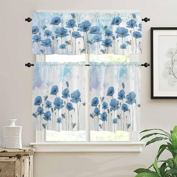 Floral Kitchen Curtain Valance and Tiers Set Elegant Poppy Flower Rod Pocket Kitchen Tier Curtains Valance Set 3 Piece Watercolor Floral Spring Flower Window Curtain Valance Tier Set 54 in x 36 in