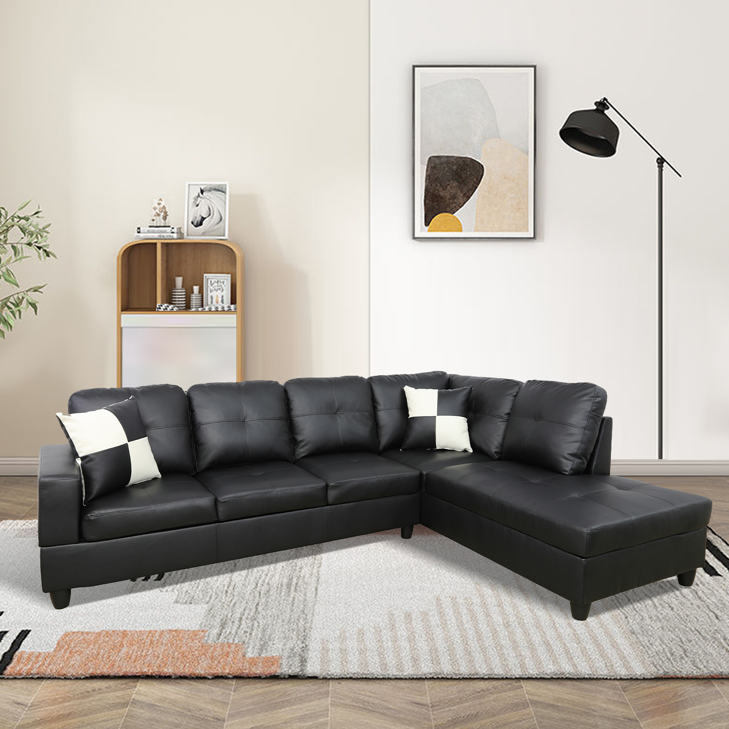 Hommoo Convertible Sectional Sofa, L Shaped Couch for Small Space Living Room, Black(Without Ottoman)