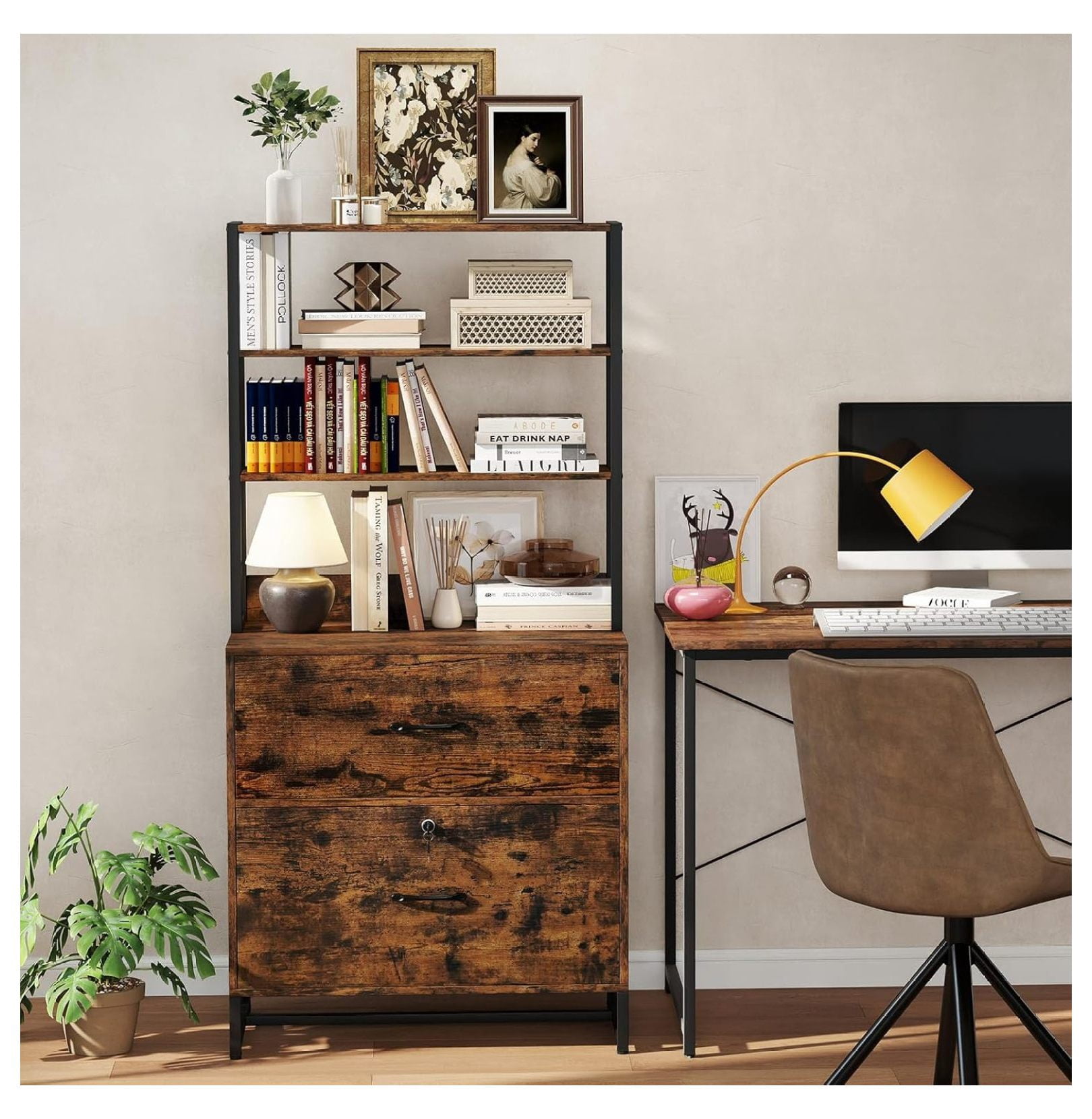 File Cabinet, 2 Drawer File Cabinet with Open Shelves & Anti-toppling Device, Industrial Lateral File Cabinet with Lock for Letter Size File Folders, Rustic Large Printer Stand, Rustic Brown