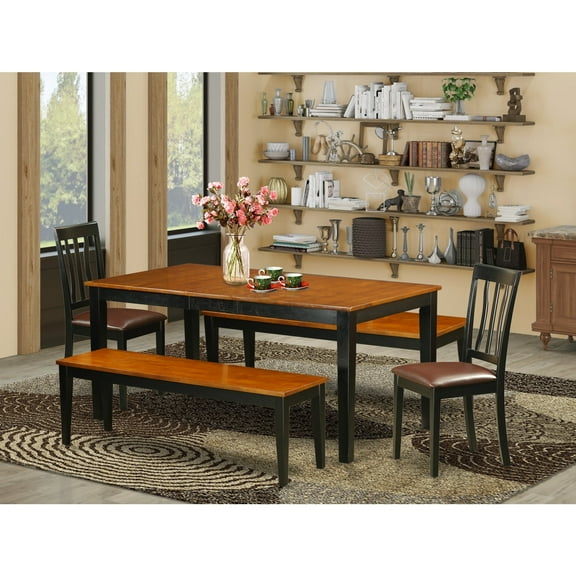East West Furniture NIAN5N-BCH-LC Dining Room Set with Bench-Kitchen Tables & 2 Dining Faux Leather Seat Chairs Plus 2 Bench, 5 piece - Black & Cherry