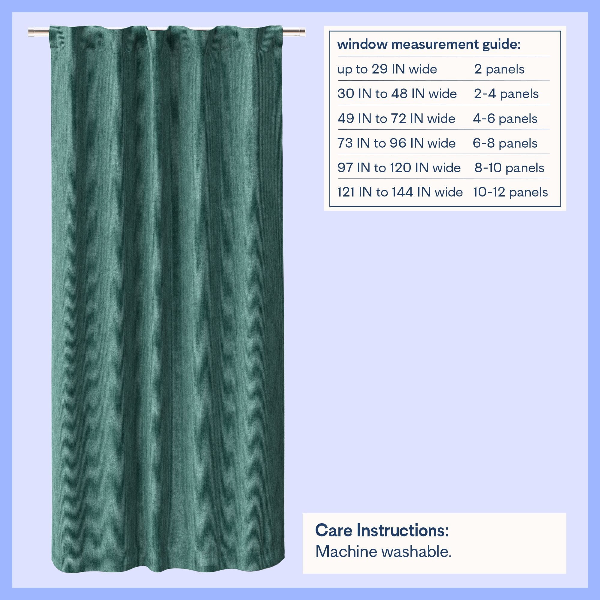 Mainstays Kids Dark Green Solid Ribbed Corduroy Blackout Rod Pocket with Back Tabs Single Curtain Panel, Set of 1, 38" W x 63" L