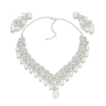 Necklaces Rhinestone and Pearl Jewelry Wedding Necklace and Earrings Set Wedding Dress Earrings Woman