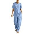 thumbnail image 2 of Mifsaly Travel Outfits for Women 2 Piece Sets Short Sleeve Button Down Tunic Top and High Waisted Loose Harem Pants Boho Casual Summer Vacation Matching Set Light Blue,XXXL, 2 of 5