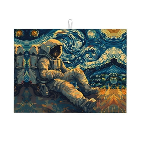 

Dish Drying Mat Astronaut Starry Night Absorbent Microfiber Kitchen Mat Heat Resistant Drying Mat Kitchen Counter for Dishes Utensils Pots Pans Drainer Mats 18x24in