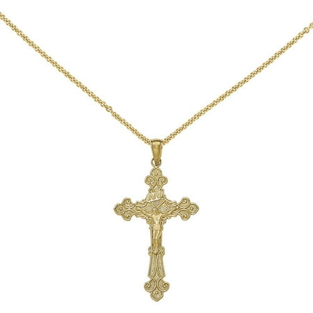 14kt Yellow Gold Polished Textured INRI Crucifix Fleur De Lis Pendant