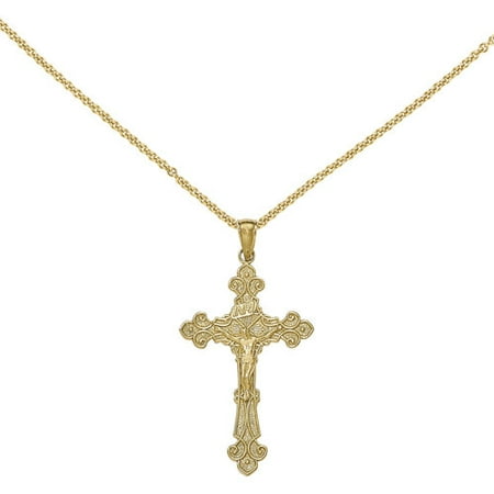 14kt Yellow Gold Polished Textured INRI Crucifix Fleur De Lis Pendant