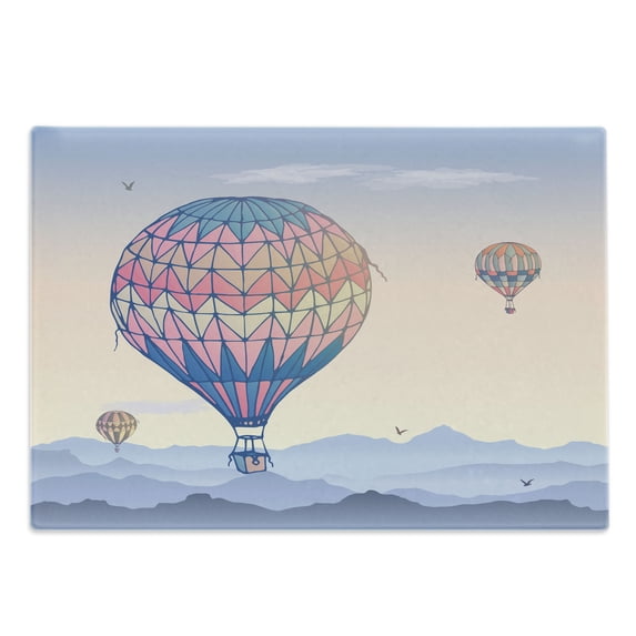 Hot Air Balloon Cutting Board, Sky Vehicles Travel Adventure Gradient Mountains Clouds Illustration, Decorative Tempered Glass Cutting and Serving Board, in 3 Sizes, by Ambesonne