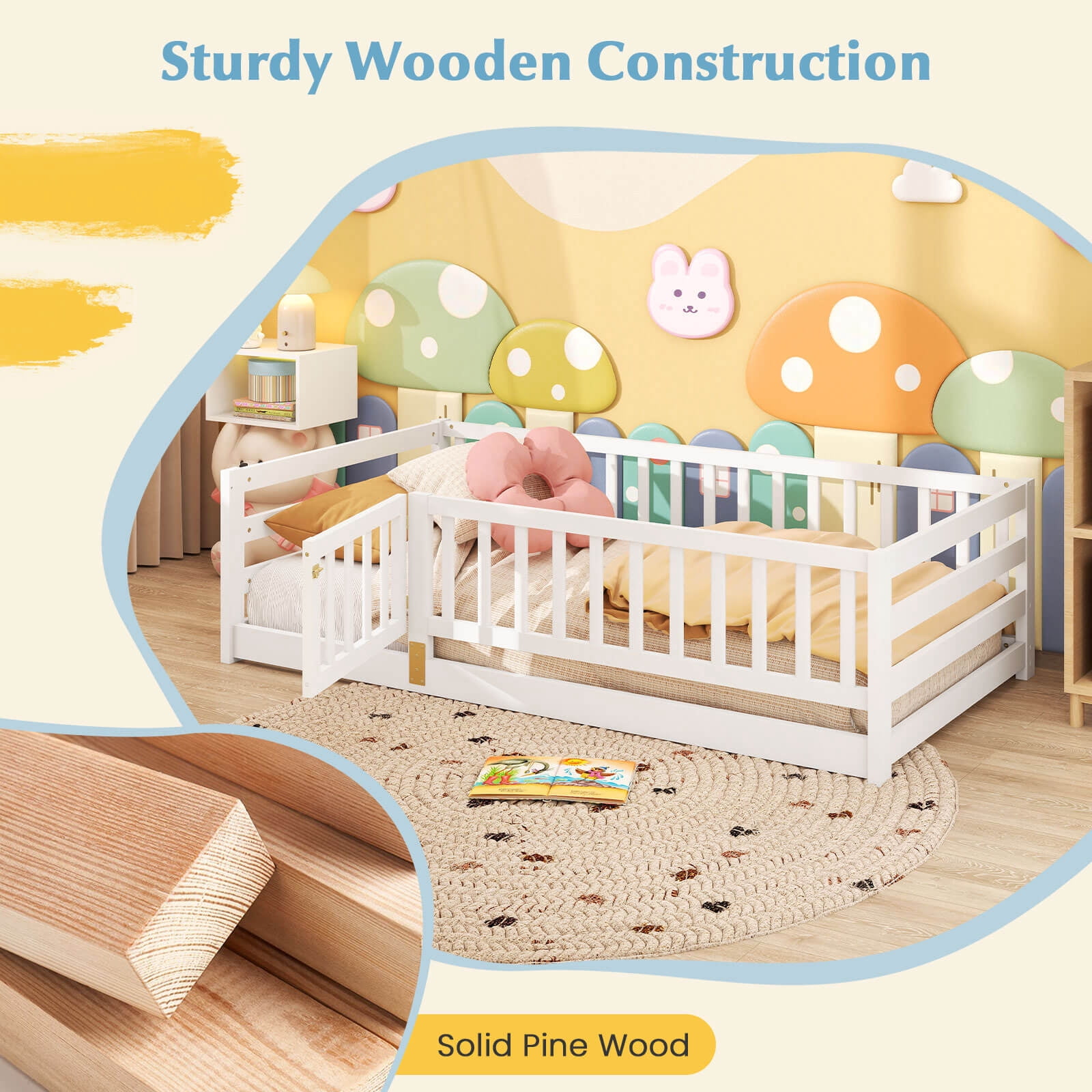 Infans Twin Size Floor Bed w/High Fence & Door Safety Guardrails Wood Floor Bed Frame