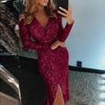 thumbnail image 2 of New Years Eve Dresses For Women Deep V Sequins Wrap Ruched Sleeve Formal Nightclub Wedding Dress, 2 of 7