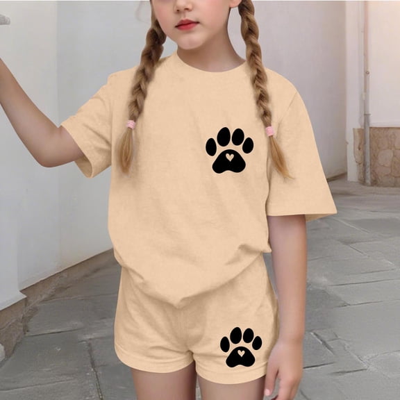 Cethrio Girls Summer Outfit Sets, Casual Short Sleeve Crew Neck Printed Kids' 2 Piece Sets Beige Size 14-16