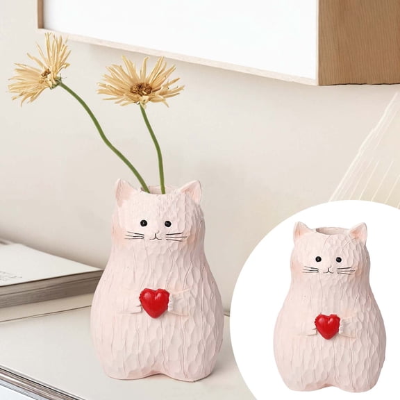 Cat Vase Resin Cat Shaped Vase with Heart - Modern Minimalist Cute Cat Statue Flower Holder for Table Centerpieces Living Room Bedroom Shelf - Ideal Gift for Cat Lovers
