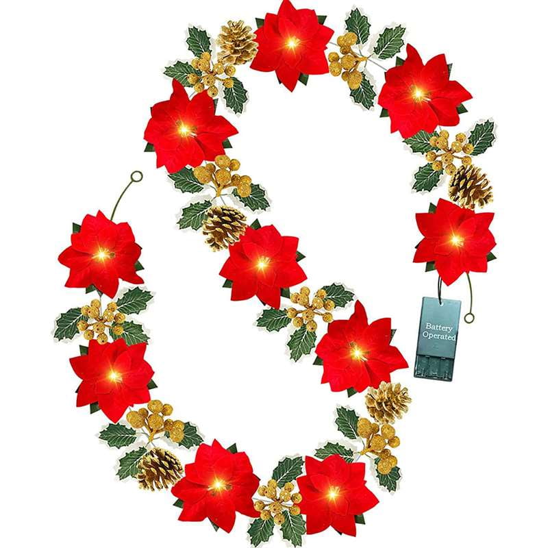 6.6FT Lighted Poinsettia Christmas Garland with 10 Lights Christmas Poinsettia Garland with Red