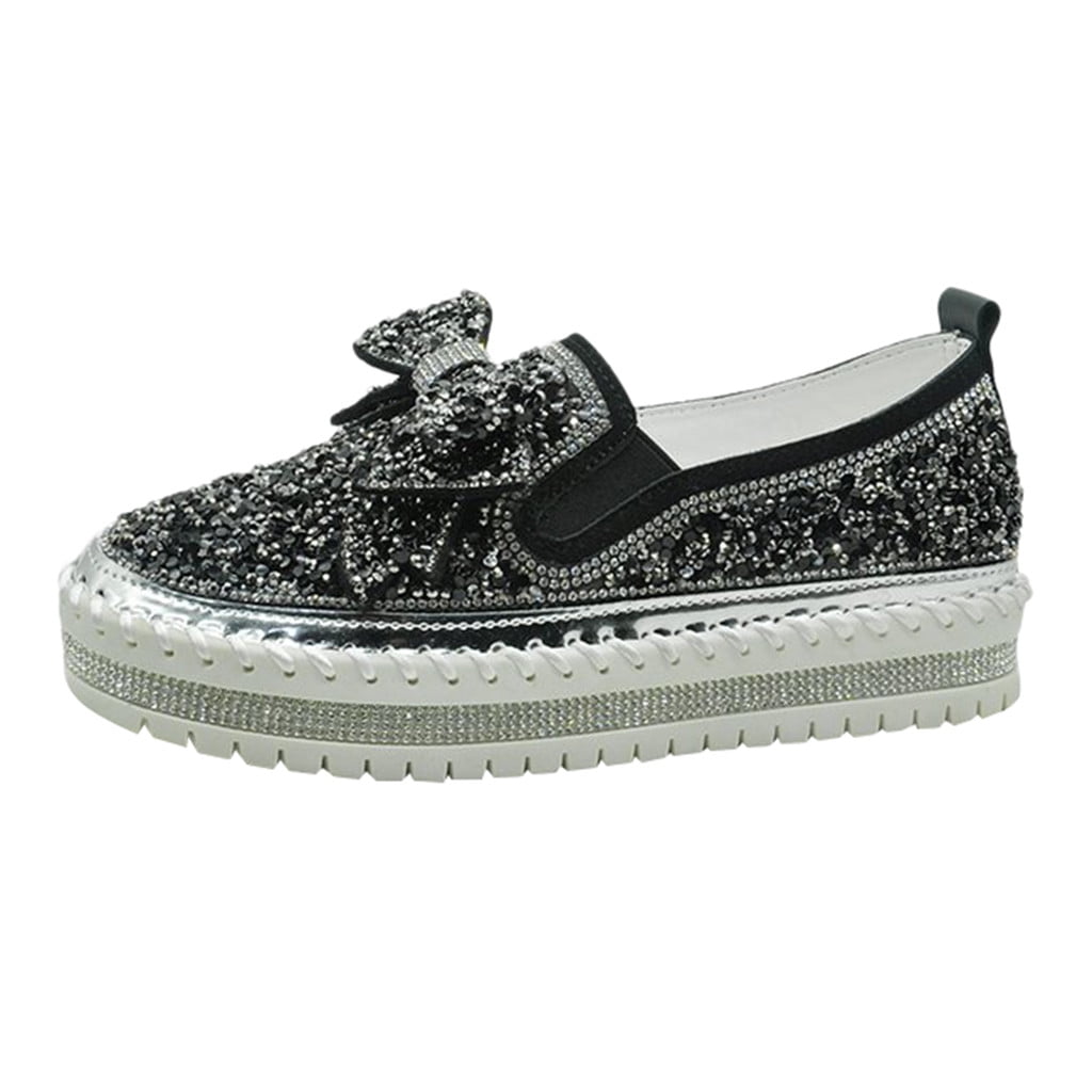 Womens Casual Shoe Rhinestones BowknotThick-Soled Flats Slip-on Loafers Slippers