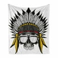 thumbnail image 1 of Skull Soft Flannel Fleece Throw Blanket, Dead Tribe Leader Feather Head Crown with Glasses, Cozy Plush for Indoor and Outdoor Use, 60" x 80", Grey Yellow and Red, by Ambesonne, 1 of 6