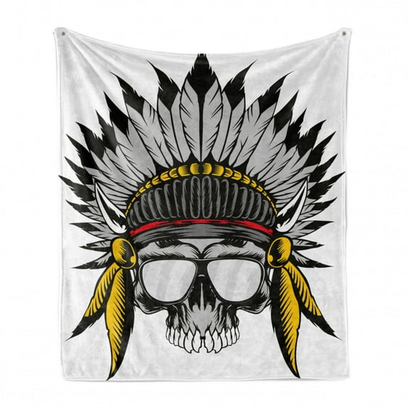 Skull Soft Flannel Fleece Throw Blanket, Dead Tribe Leader Feather Head Crown with Glasses, Cozy Plush for Indoor and Outdoor Use, 60" x 80", Grey Yellow and Red, by Ambesonne