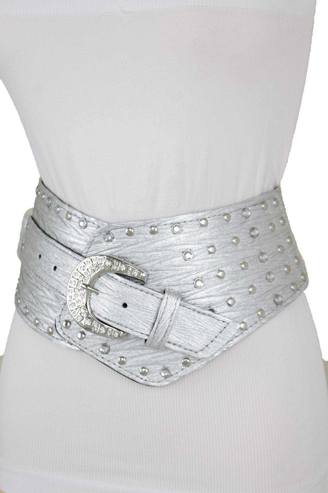 New Women Wide Western Belt Silver Faux Leather Studs Bling Buckle Cool