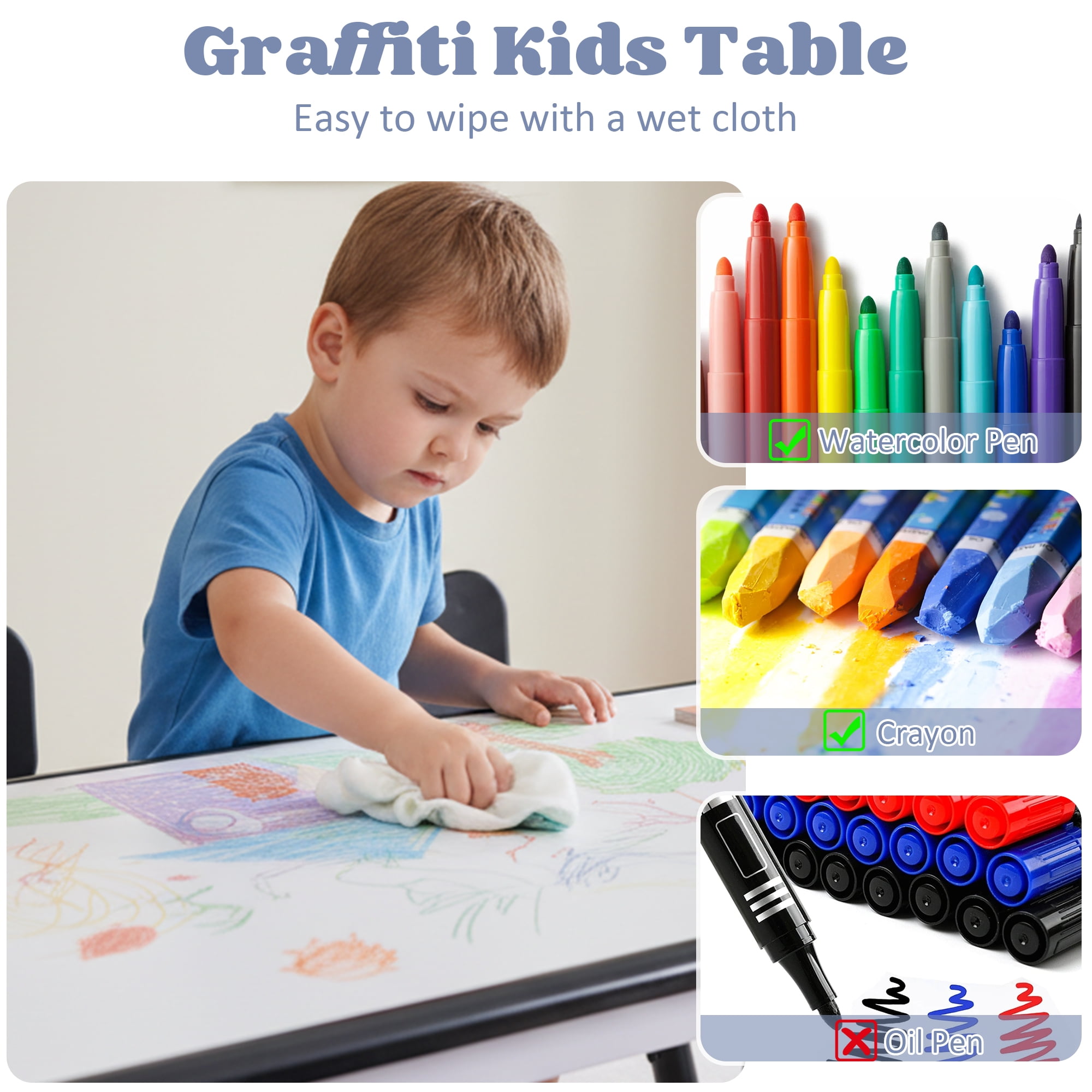 Kids Table and 4 Chairs Set, Height Adjustable Toddler Table and Chair Set, Toddler Desk with Graffiti Desktop & Non-Slip Legs, Children Activity Table for Daycare, Classroom