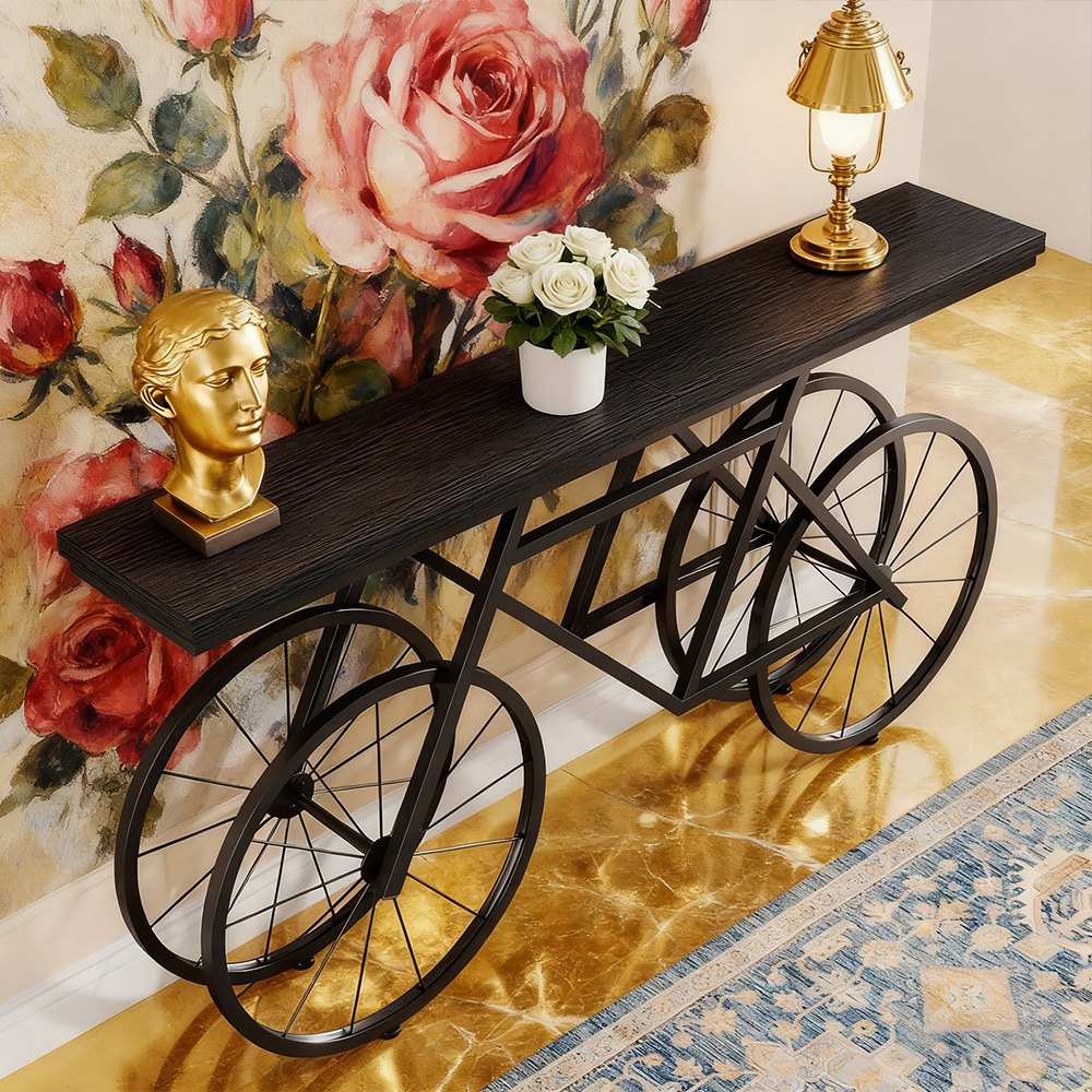 70.9-Inch Extra Long Console Table, Narrow Sofa Table With Bicycle Metal Base, Modern Industrial Entryway Table, Sturdy MDF Top Behind Couch Table For Living Room, Hallway, Foyer
