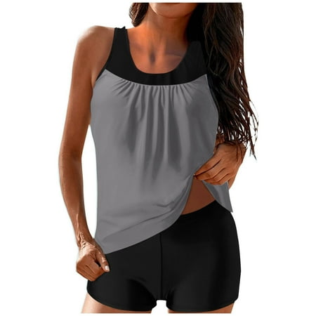 Moxiu Modest Swimsuits for Women 2 Piece Tankini Swimwear Blouson Graphic Swim Tank Top with Boyshorts 2025 Athletic Bathing Suits Gray S