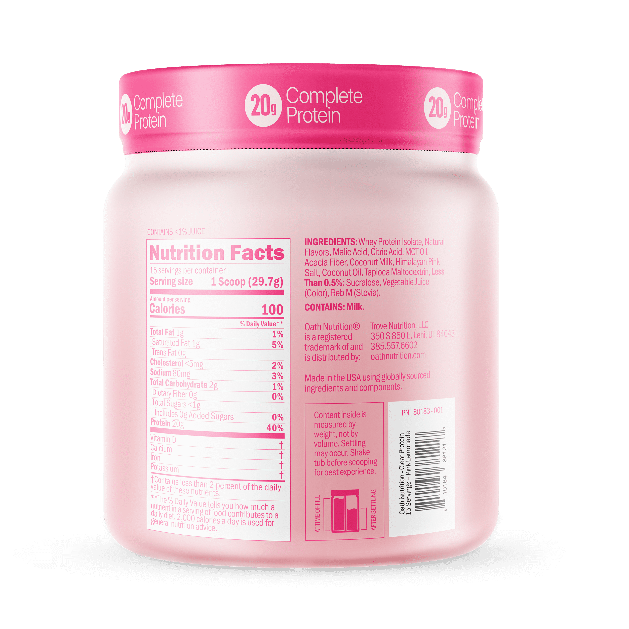 OATH Nutrition Clear Protein Pink Lemonade 15 Servings