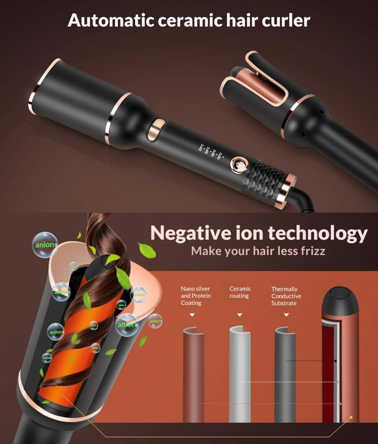 Automatic Curling Iron, Taotique Professional Auto Hair Curler with 4 Temperature, Shut-Off, Anti-Scald, Anti-Tangle Rotating Curling Wand for Hair Styling