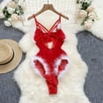 thumbnail image 2 of Odeerbi Women's Lingerie Bodysuit Set 2025 Valentine's Day Christmas Lingerie For Lace Trim Spaghetti Straps V Neck Push Up Bodysuit Lingerie Red, 2 of 9
