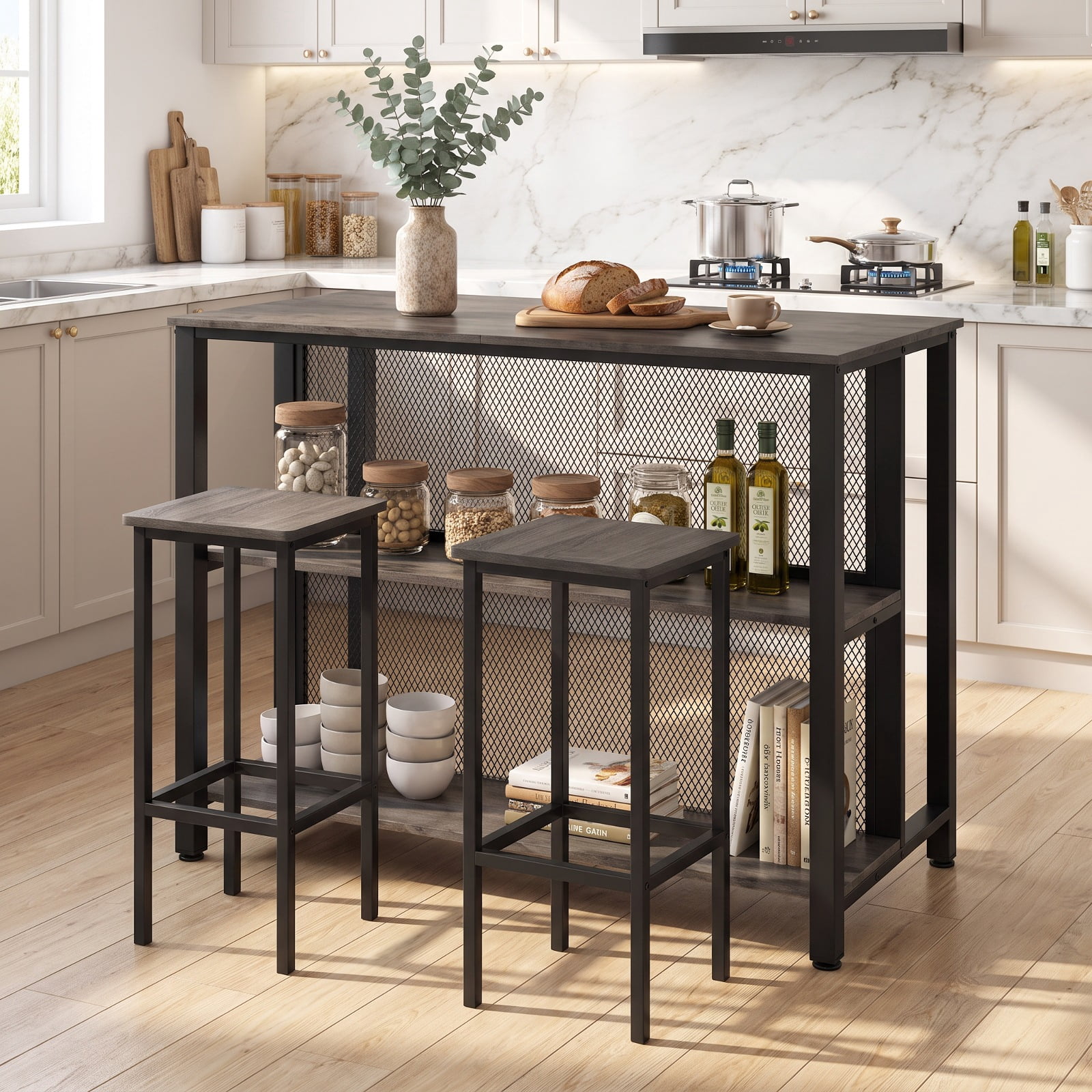Furnibear 36 Inch 3-Tier Bar Table with Storage Metal Frame Adjustable Foot Pads for Dining Room for Kitchen Dining Bar Bistro Pub Home Counter, Gray