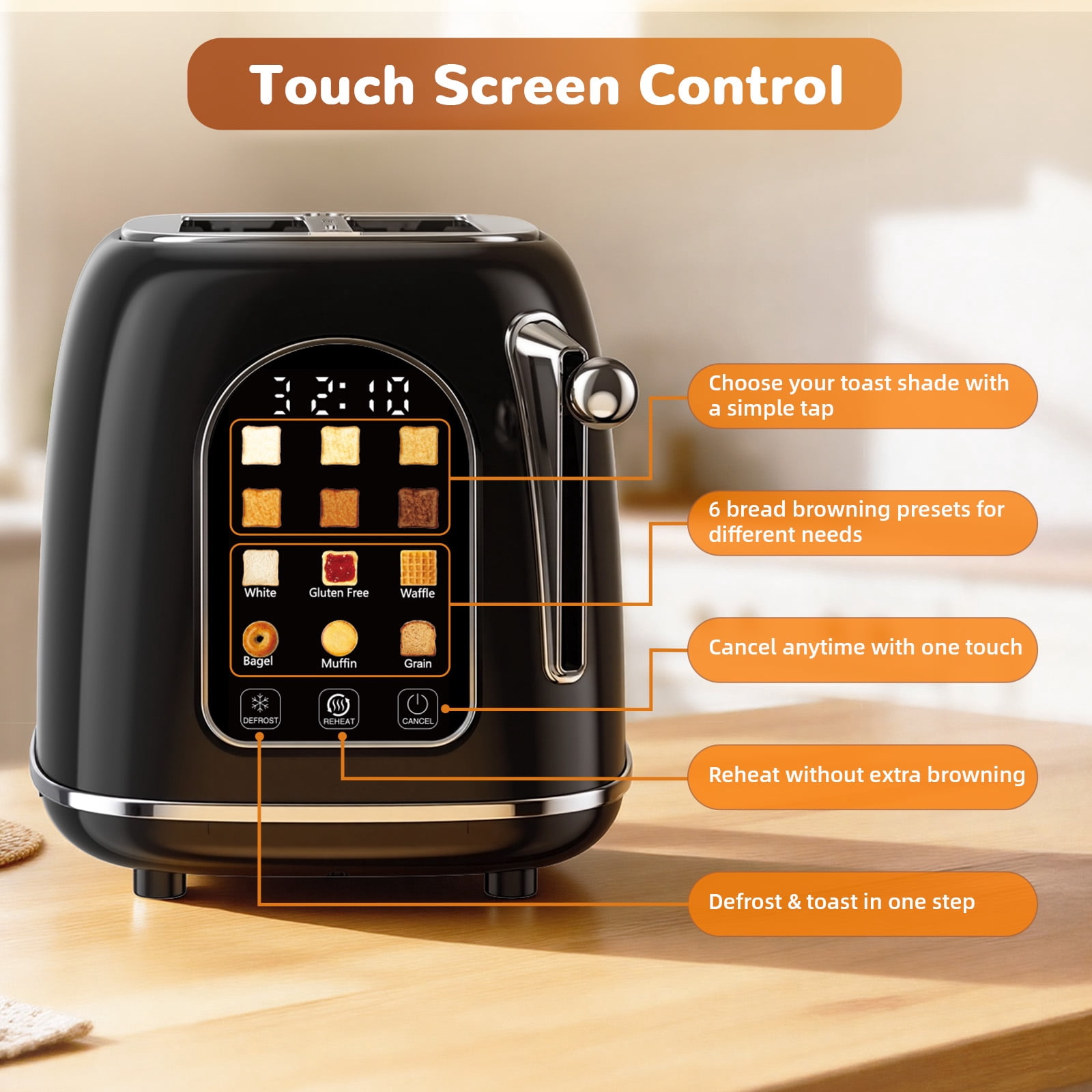 Mecity Easy Touch Screen Toaster 2 Slice – Retro Wide Slot Stainless Steel Toaster with Large Display, 6 Browning Levels, Bagel, Defrost & Reheat, Removable Crumb Tray, Black