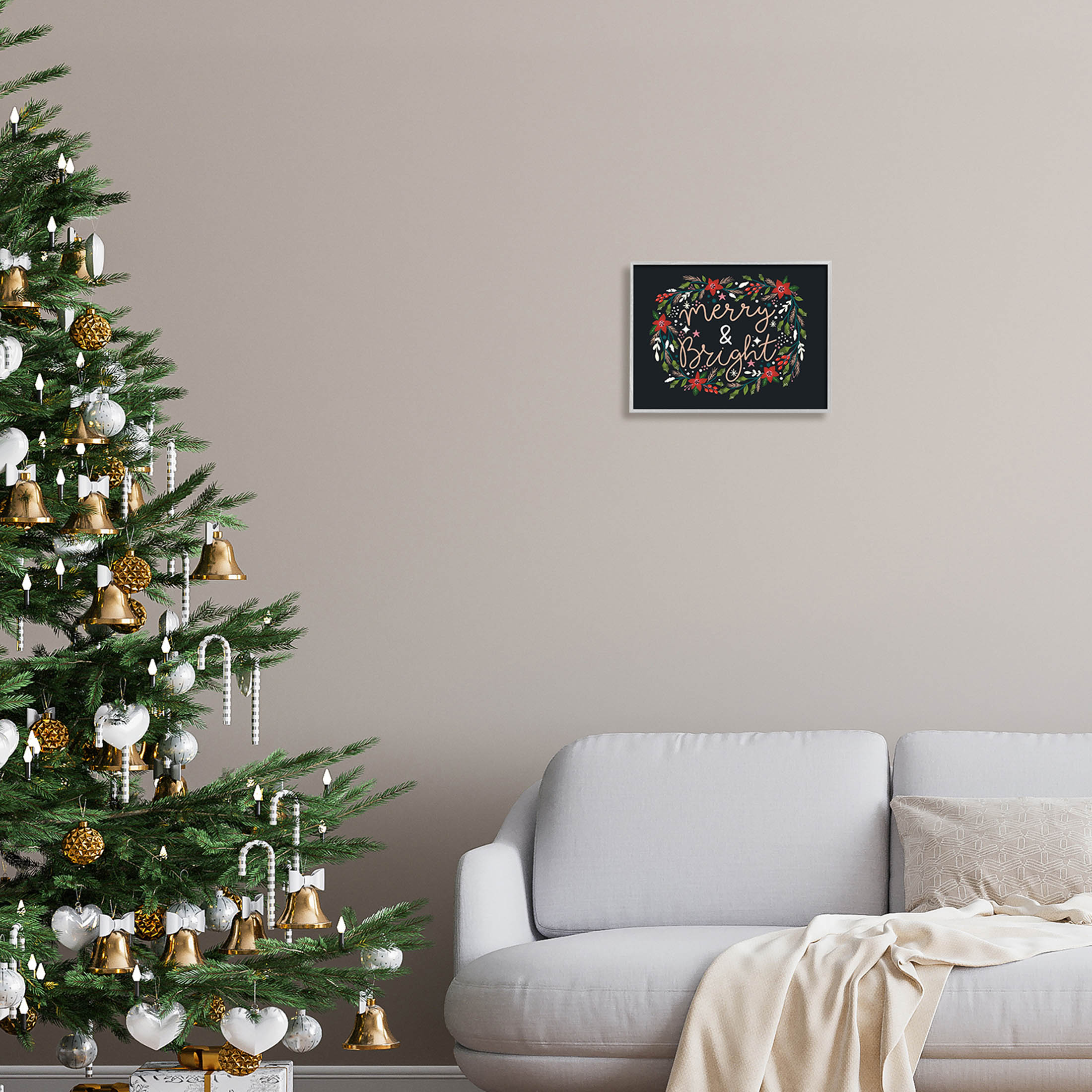 Merry & Bright Poinsettia Wreath Holiday Graphic Art Gray Framed Art Print Wall Art