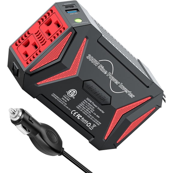 BESTEK 300Watt Pure Sine Wave Power Inverter [30W PD USB-C] Car Adapter DC 12V to AC 110V with QC3.0 USB Ports, Multi-Protection Car Charger Power Inverter for Vehicles