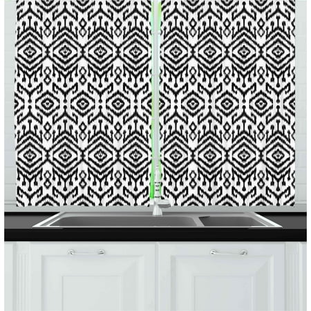 Curtain Black And White Black and White Curtains 2 Panels Set, Monochrome Ikat Pattern Bohemian Ethnic Authentic Chevron Modern Scribble, Window Drapes for Living Room Bedroom, 55W X 39L Inches, Black White, by Ambesonne ()