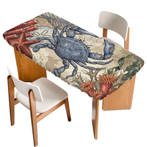 Coastal Blue Crab Fitted Rectangle Tablecloth 24" x 36" Vintage Nautical Compass Coral Ocean Theme Elastic Table Cloth Fits for 3 Foot Folding Tables Waterproof Table Cover for Picnic Camping Outdoor