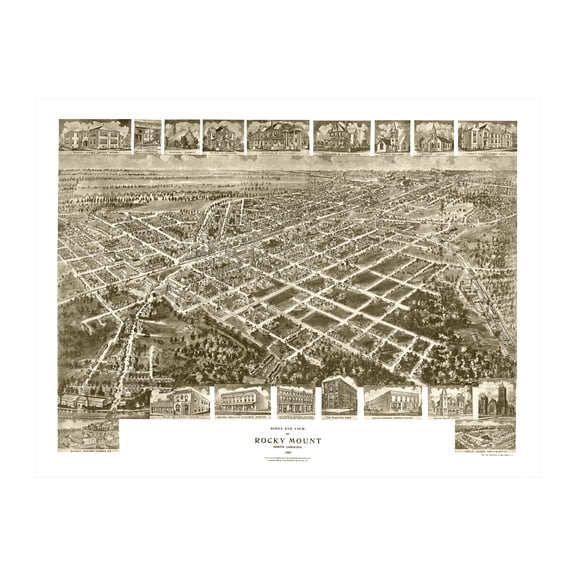 Rocky Mount Art, 1907 Vintage Map of Rocky Mount North Carolina, NC History Wall Decor Gift, Old Rocky Mount Map - 24" x 18" Unframed Print