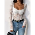 thumbnail image 6 of Women'S Sheer Floral Lace Long Sleeve Bodysuit Top Sweetheart Neck Bodysuit White S, 6 of 8