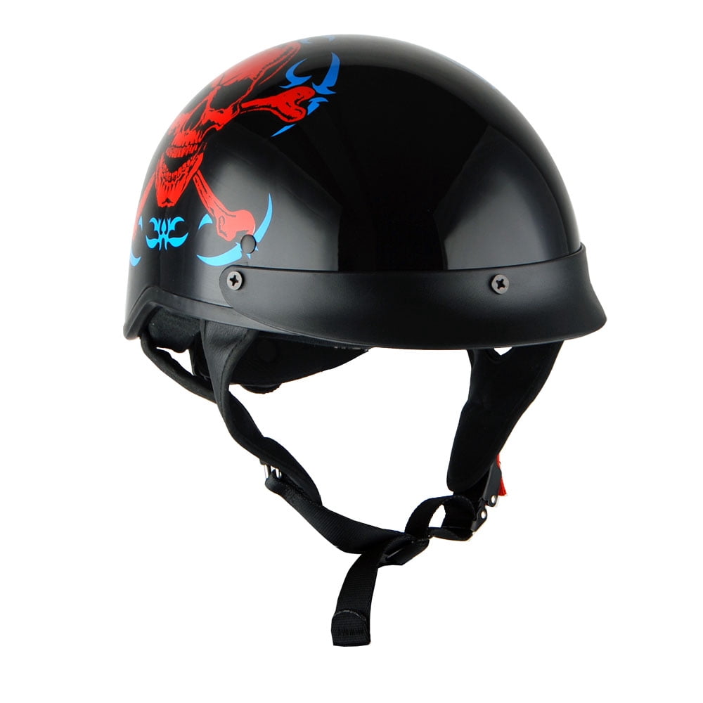 1Storm Motorcycle Half Face Helmet HKY205V Mopeds Scooter Pilot with retractable Inner Smoked Visor, Red Skull + T008 Black Tinted Goggle Bundle