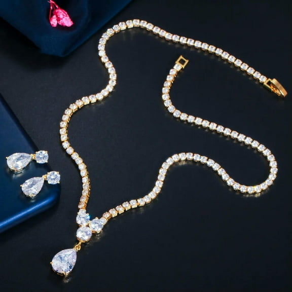 Chic Gold Plated Cubic Zirconia Round Tennis Necklace Drop Earrings Jewelry Set