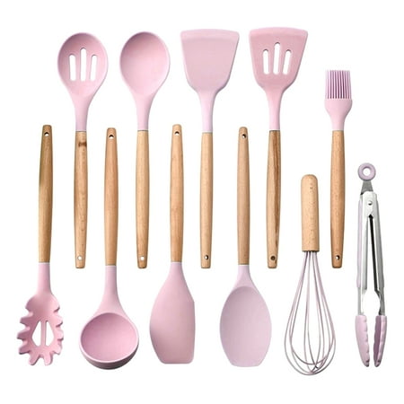 

11 Pcs Silicone Cooking Utensils Kitchen Utensil Set - Wooden Handles Kitchen Gadgets Tools Set for Nonstick Cookware (BPA Free)