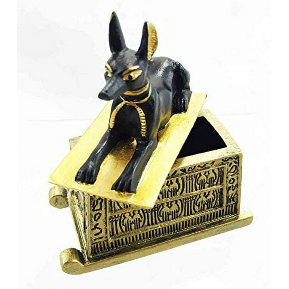 Egyptian Anubis Dog Seated On Treasure Cartouche Dollhouse Miniature Figurine 3"H
