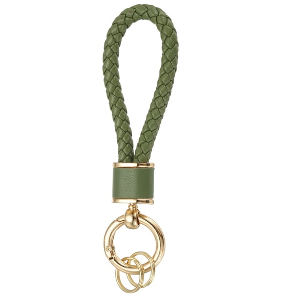 Uxcell 1 Pack Braided Leather Keychain, Keychain Ring Woven Strap Lanyard Strap with 360 Degree Rotatable for Car Key Bag Wallet, Gold/Olive Green