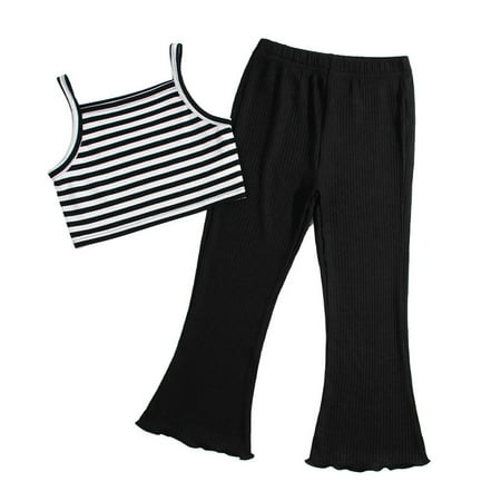 

LBECLEY Clothes Kids Toddler Baby Girls Sleeveless Striped Vest Tops Solid Ribbed Bell Bottom Pants Outfits Set Clothes Winter Crop Tops Girls Black 130