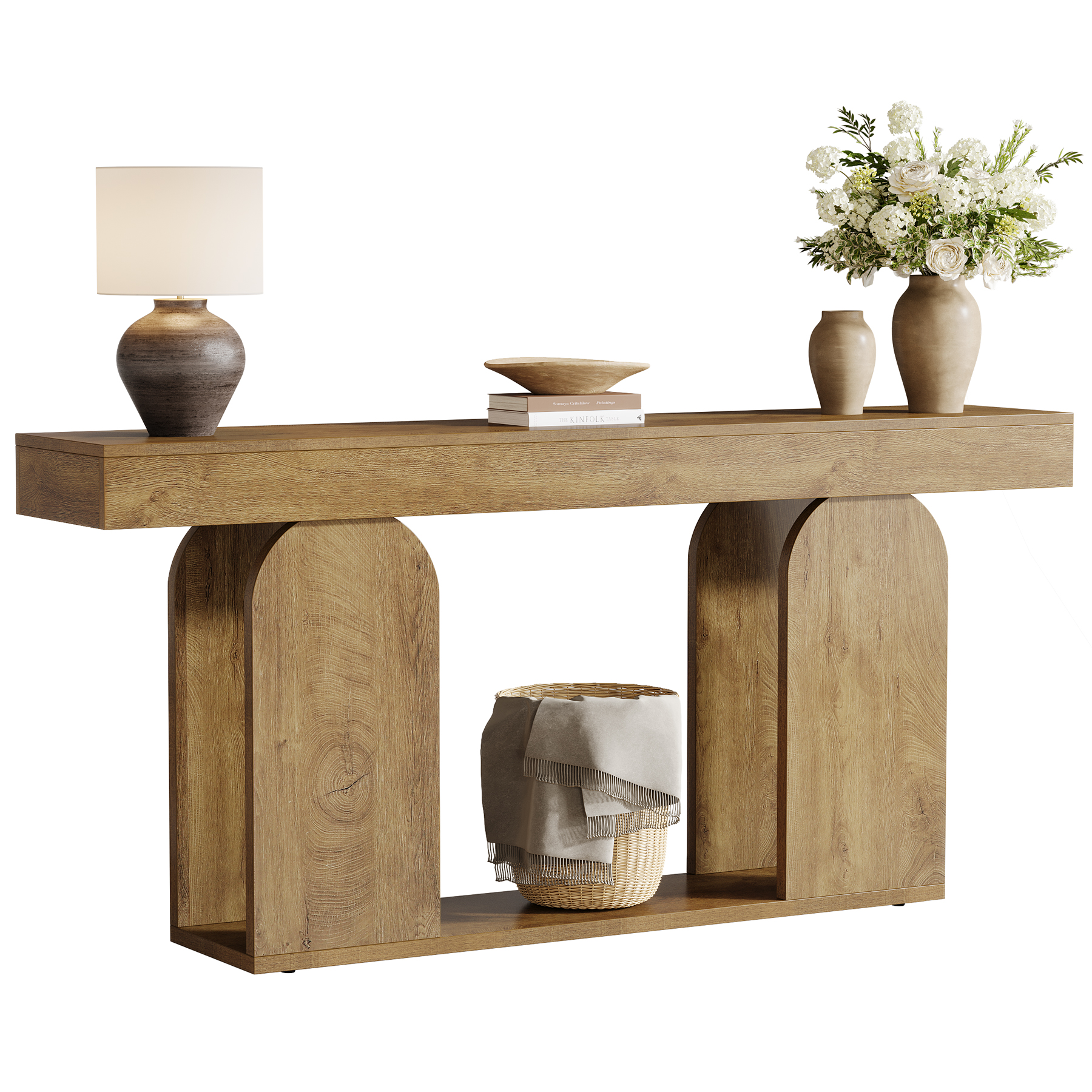 Fnova 70.87" Farmhouse Console Table for Entryway, 2-Tier Storage Long Narrow Wood Entryway Table, Easy Assembly, Light Brown