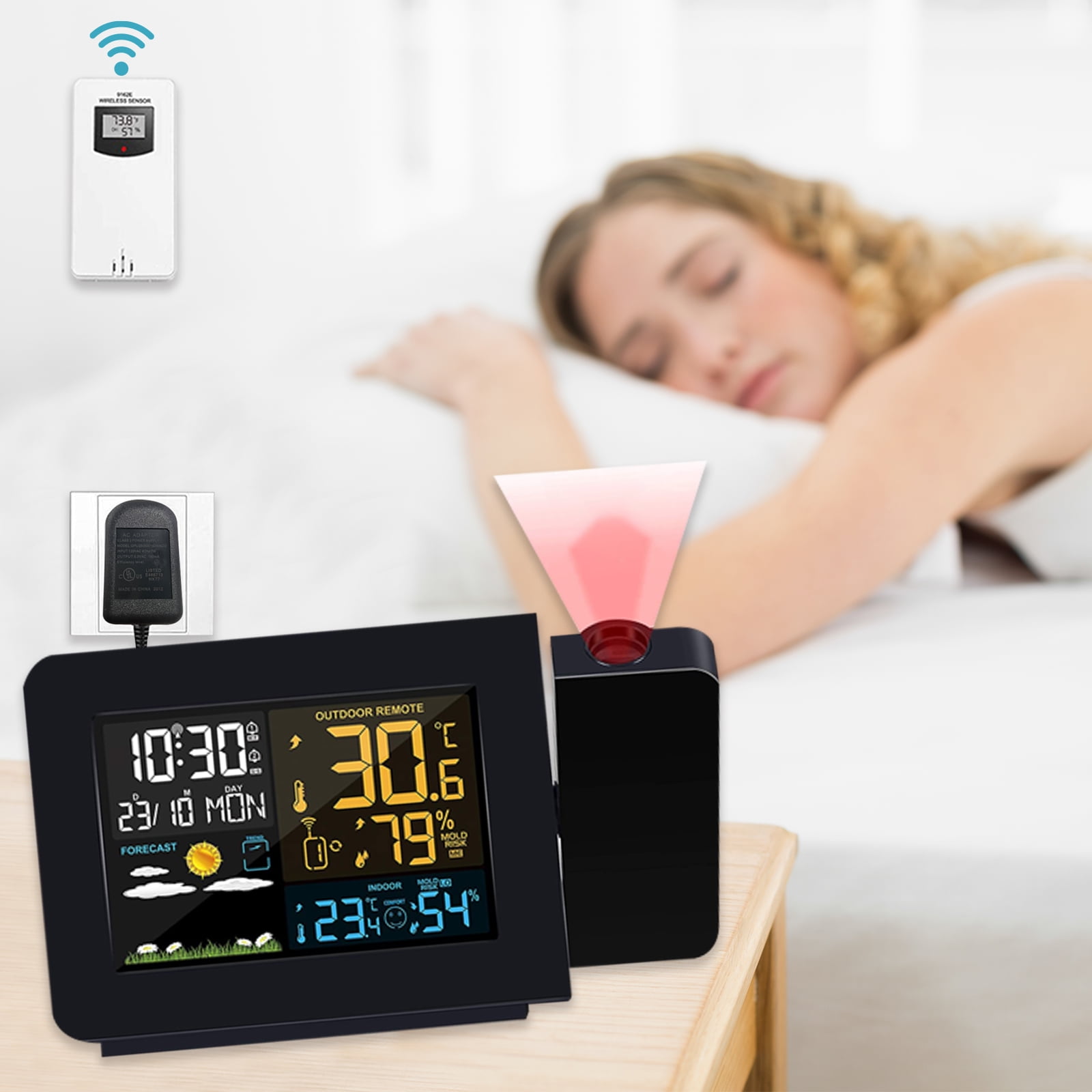 Digital Projection Alarm Clock w/ Weather Station Indoor Outdoor Thermometer W 