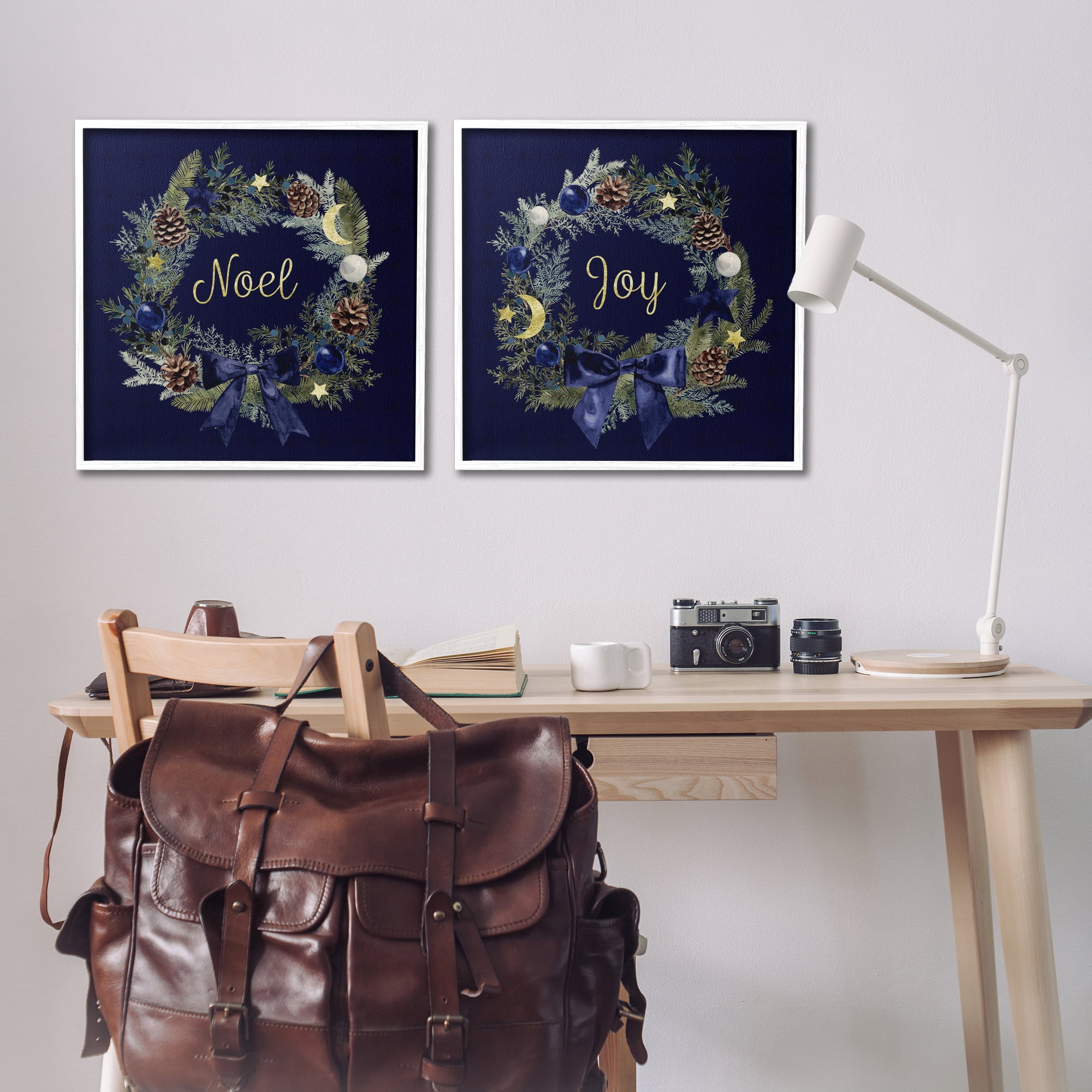 Stupell Industries Noel Joy Balsam Wreath Pinecones Holiday Painting White Framed Art Prints Wall Art, 24 x 24, Set of 2
